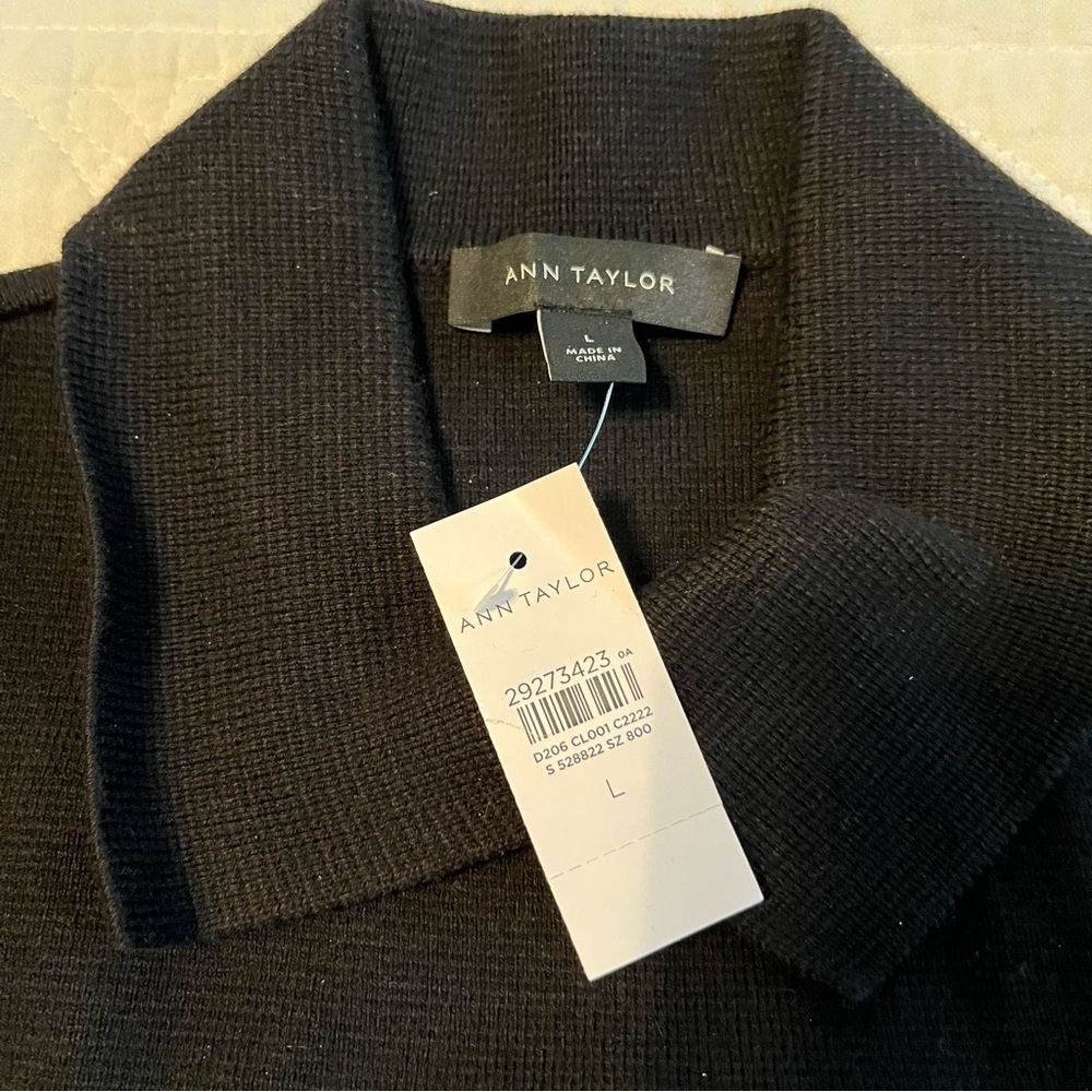 NWT ANN TAYLOR Fitted Sweater. Asymmetrical front zip. Collar. Large. Black. - Picture 3 of 6